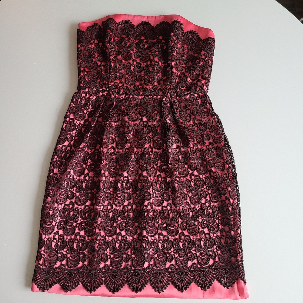 Milly Pink with Brown Lace Floral Strapless Mini 6
